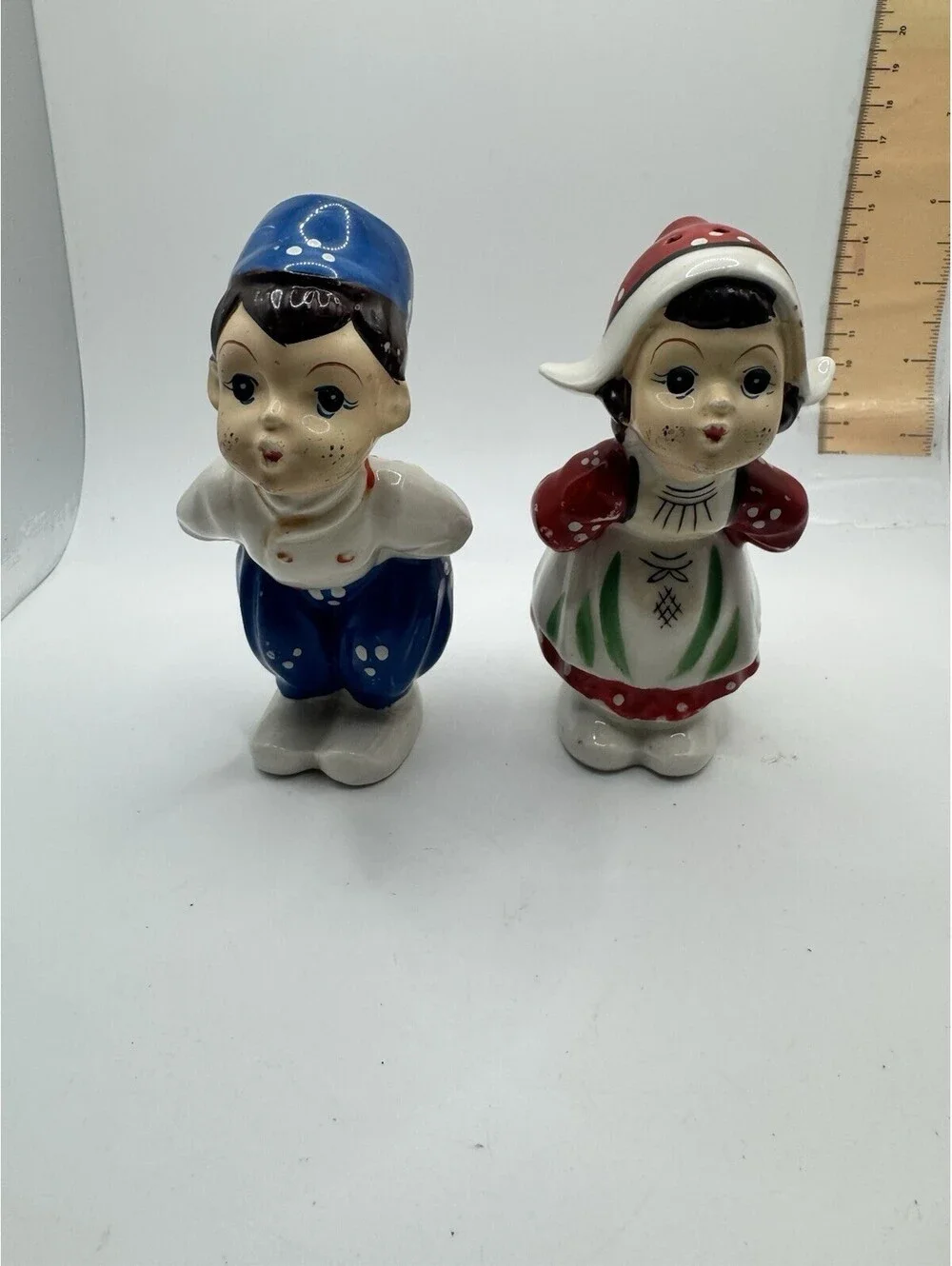 Vintage Salt and Pepper Shakers ~ Kissing Dutch Boy and Girl Japan - Red & Blue